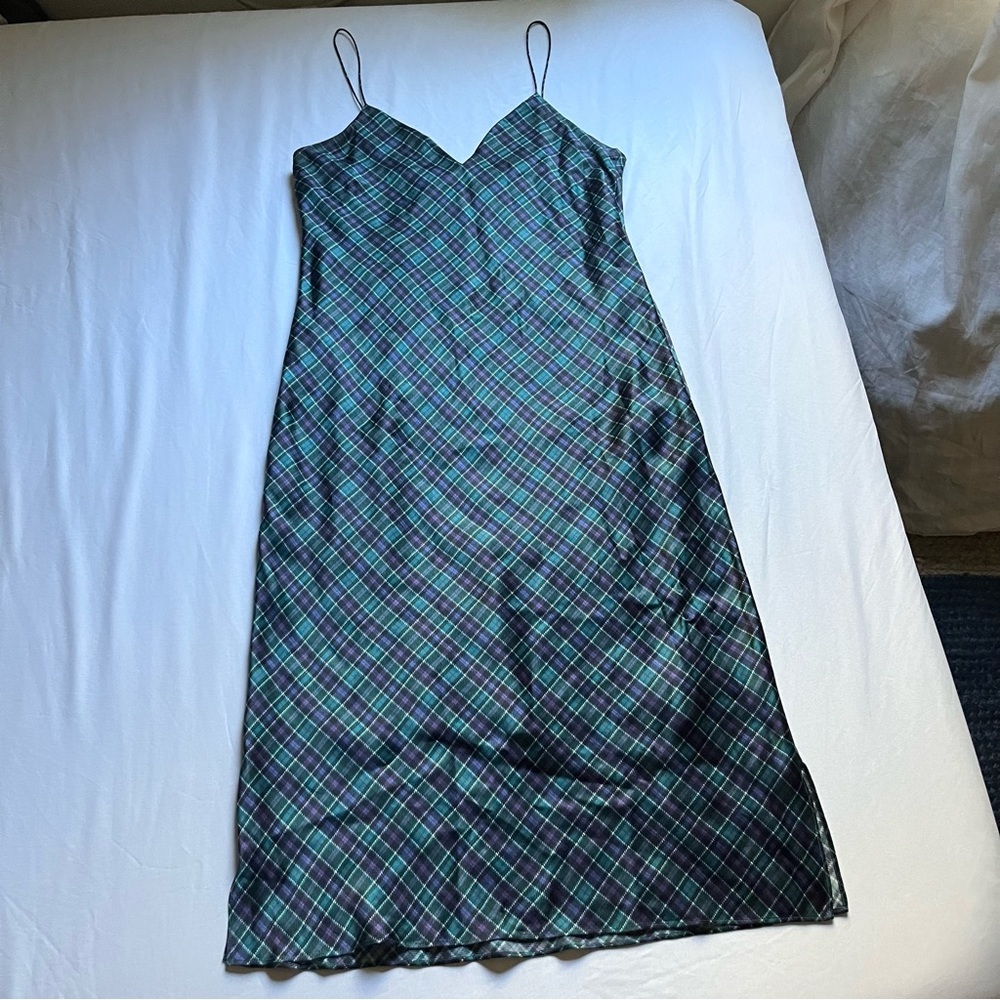 CAMI NYC green plaid silk sleeveless midi slip dress